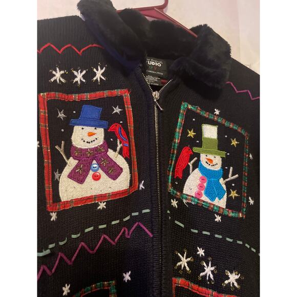 Designer Originals Joy Black PXL Sweater Coat Snowman Fur Collar Zip Front - Picture 3 of 8